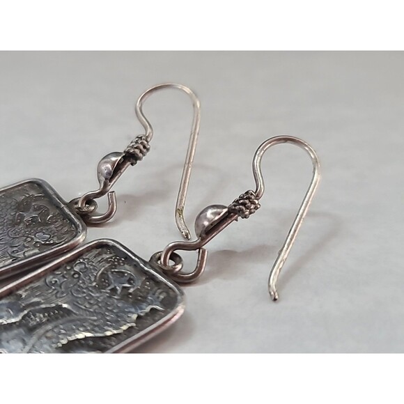 925 Sterling Silver Dragon Themed Rectangular Shaped Dangling Pierced Earrings - Picture 9 of 10